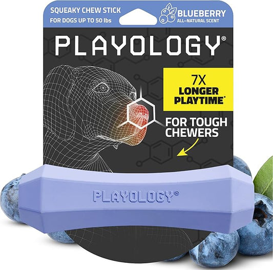 Playology Dog Toys | Durable Squeaky Chew Stick for Dogs | Medium Blueberry Scented Toy - Easy to Clean and Made from Non Toxic Materials