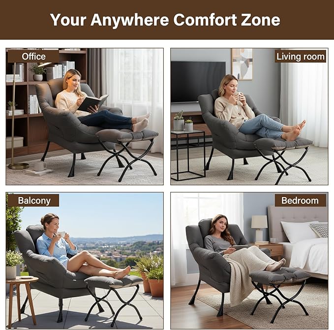 Welnow Lazy Chair with Ottoman, Modern Lounge Accent Chair with Armrests and a Side Pocket, Leisure Sofa Armchair, Reading Armchair with Footrest for Small Space, Dark Grey