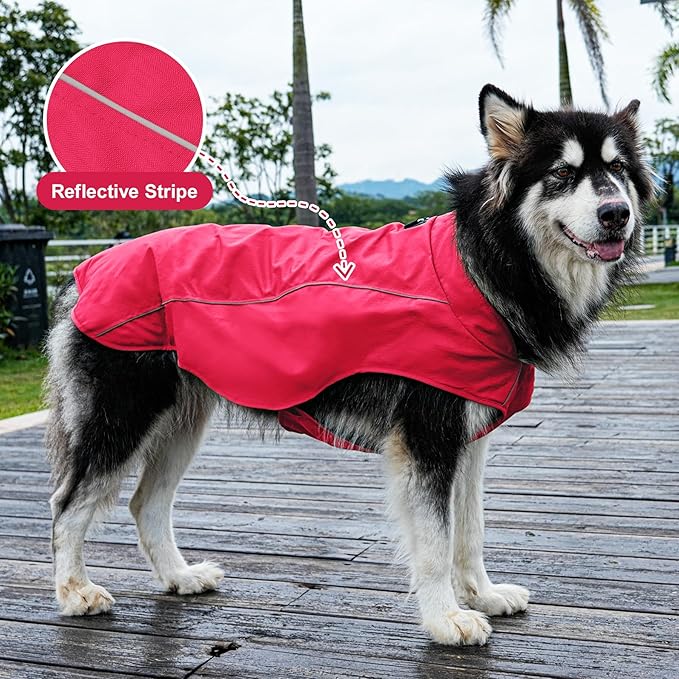 Outdoor Waterproof Dog Jacket for Extra Large Dogs,Doggie Coats with Harness Buitl in D-Ring Warm Fleece Dog Clothes for Cold Winter,Red 4XL