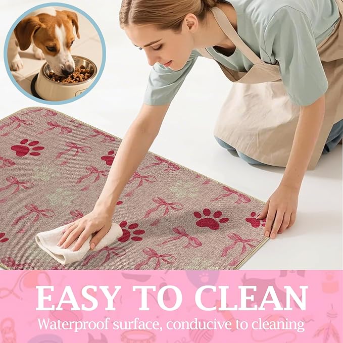 SHIYUE Dog Food Mats for Floors, Absorbent Cat Bowl for Food and Water, Non-Slip Accessories Pet Supplies(17"x30",Pink Bow Footprint)