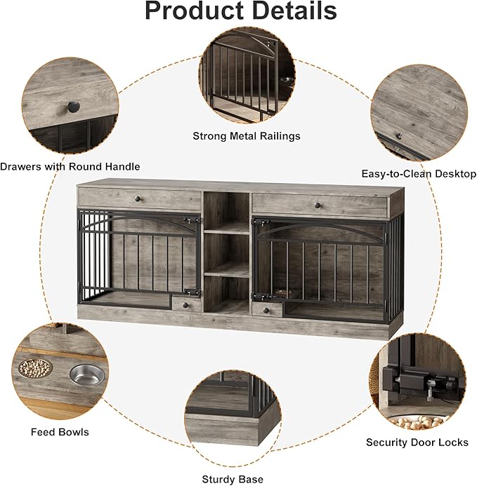 GarveeHome Dog Crate Furniture for 2 Dogs, Dog Kennel Indoor with Storage and Feeding Bowls, Double Dog Crate TV Stand for Small Medium Dogs, Grey