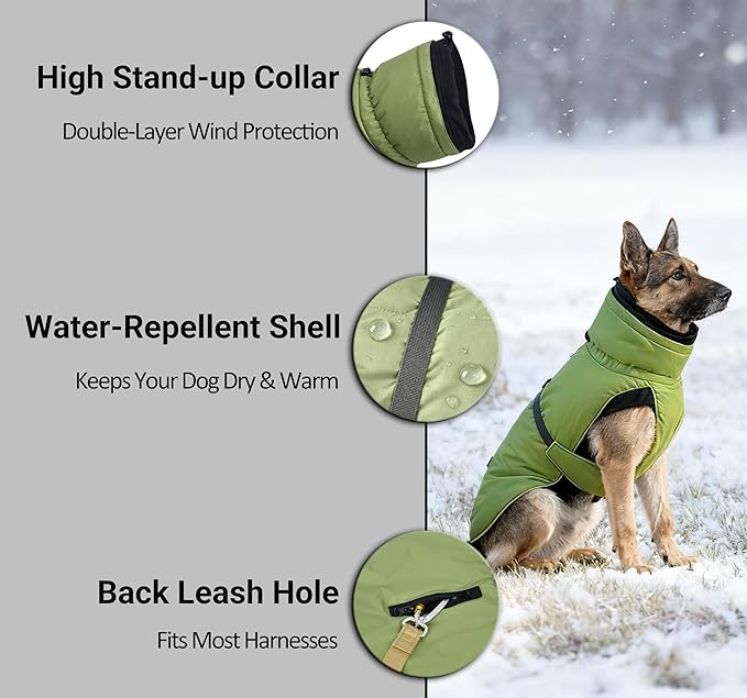 Puffer Dog Winter Coat for Rain and Snow, Water-Repellent and Windproof Jacket Keeps Dogs Warm and Dry, High Collar and Harness Opening Design, Ideal Dog Stocking Stuffer (Green, X-Large)
