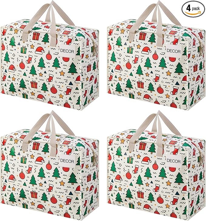 VENO 4 Pack Heavy Duty Moving Bags, Storage Bags, Packing Supplies, Top Zipper, Storage Totes for Camping, Clothes, Bedding, Comforters, Pillows, Christmas Pattern (13 Gallon, Jingle Mix, 4 Pack)