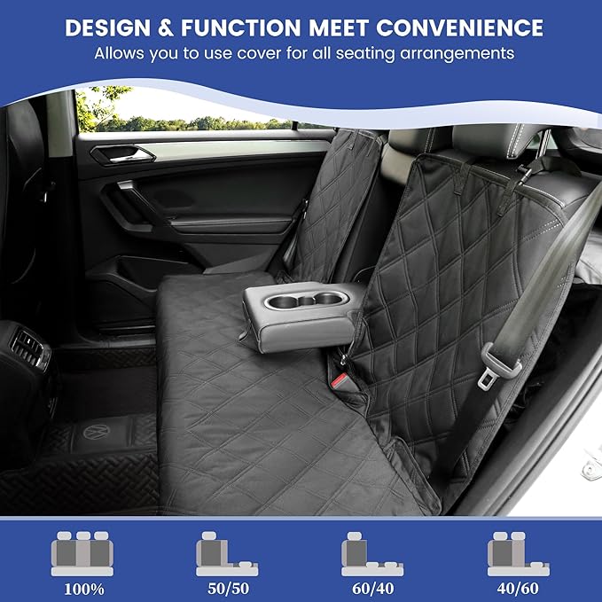 XL Back Seat Cover for Full-Size Trucks/SUVs Rear Split Bench, Heavy Duty 900D Waterproof Non-Slip Car Seat Protector for Messy Pet Dogs & Kids, Easy Clean (Black)