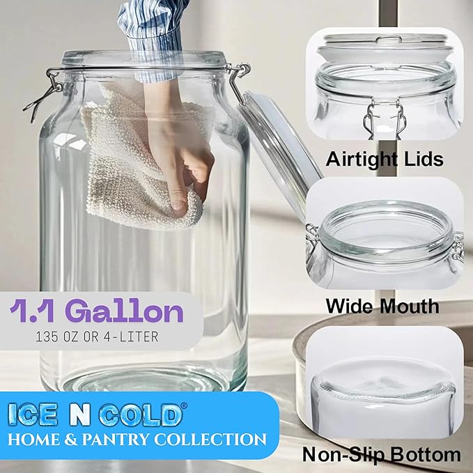Airtight Glass Storage Jars with Clamp Lid – Food Storage Containers with Rubber Gasket Seal – Pantry & Kitchen Canisters for Dry Goods, Coffee, Sugar, Pasta – 0.4L to 4L Sizes (2, 135oz | 4L)
