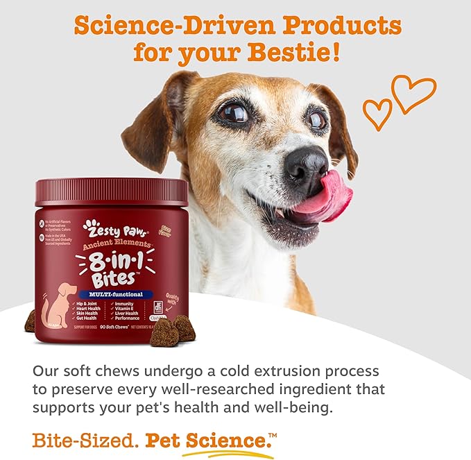 Zesty Paws Dog Multivitamin, Chewable Dog Vitamins and Supplements for Hip & Joints, Skin & Coat, Omega 3 Fish Oil for Dogs- Senior & Puppy Multivitamin - Bison- 90ct
