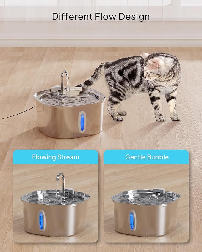 PEKTACO Stainless Steel Cat Water Fountain, 3.2L/108oz Cat Water Dispenser with Quiet Water Pump, Dishwasher Safe Pet Drinking Fountain for Cats with 3 Filters + 3 Sponges