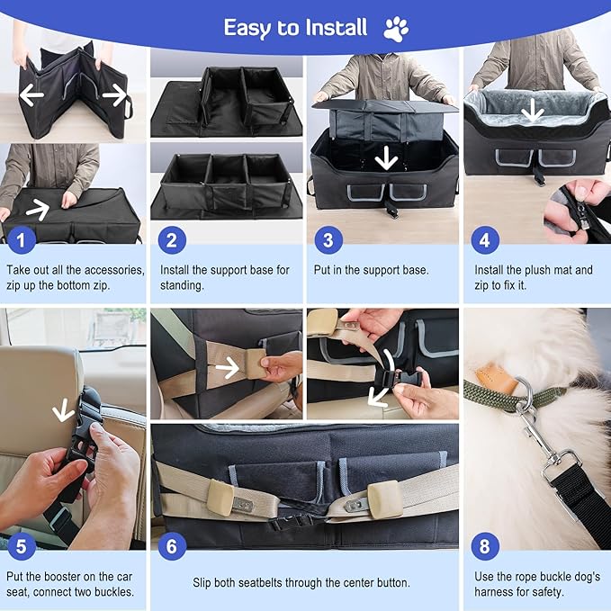 INFANZIA Dog Car Booster Seat, Elevated Pet Car Seats for Large Medium Dogs with Safety Leash, Washable Lookout Puppy Travel Seat with Storage Pockets for Pets Under 55 lbs (Large, Black)