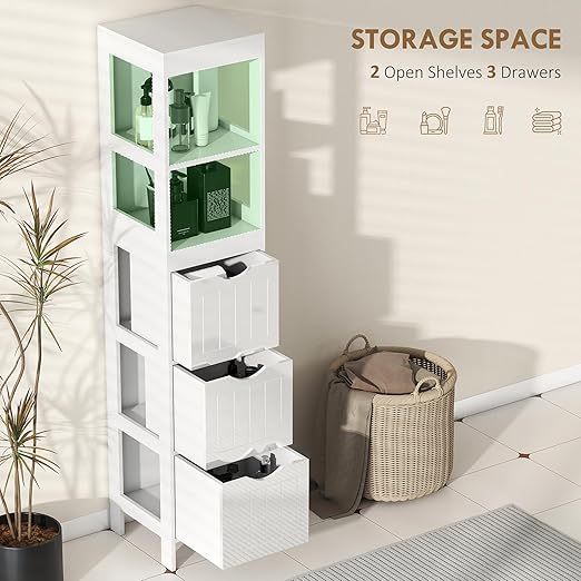 HOMCOM Narrow Bathroom Storage Cabinet, Bathroom Floor Cabinet with 3 Drawers & 2 Open Shelves, Freestanding Slim Storage Organizer for Small Spaces, White