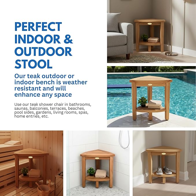 EcoDecors Snazzy Corner Waterproof Teak Wood Shower Bench Stool Seat Chair For Inside Shower Provides Safety, Storage, and Organization For Bathroom Accessories