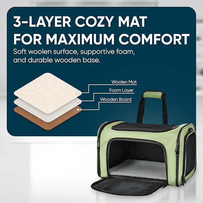 Pet Travel Carrier Bag – Airline Approved Soft-Sided Dog & Cat Carrier, Foldable, Breathable Mesh, Washable Pad – Fits Pets up to 15 lbs – The Pup Quartet (Green)