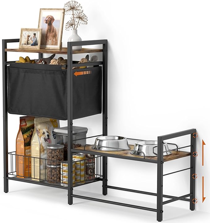 Elevated Dog Bowl Stand with Toy Bin Basket, 4 Height Adjustable Raised Feeding Station Cabinet, Lifted Food and Water Bowl Holder, Pet Storage Organizer for Large Medium Small Dogs