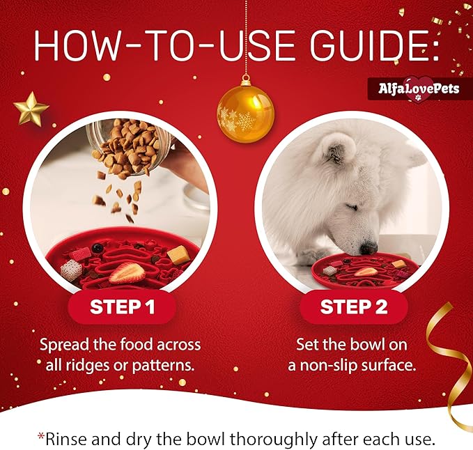 Slow Feeder Dog Bowls – Bowl with Christmas Design – Red Lick Mat for Dogs – Dog Food Bowl – Safe Silicone Material – for Dogs Using – Bowl Mat by Alfa Love Pets