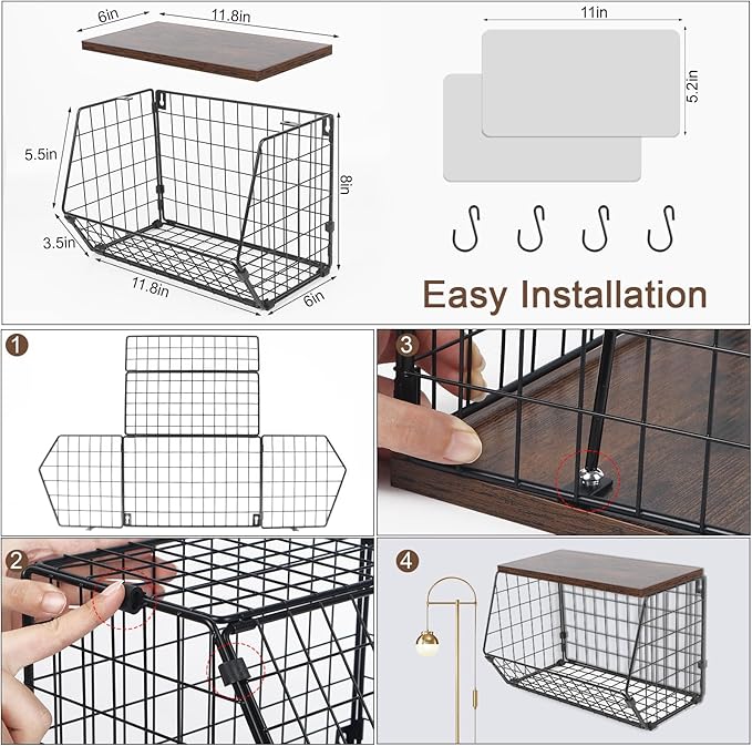 2 Tier Fruit Basket for Kitchen Counter, Hanging Fruit Baskets for Kitchen, Wall Basket Storage with Hooks, Stackable Wire Baskets for Storage Pantry, Potato and Onion Storage Bins with Wooden Lid