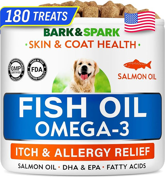 BARK&SPARK Omega 3 for Dogs - 180 Fish Oil Treats for Dog Shedding, Skin Allergy, Itch Relief, Hot Spots Treatment - Joint Health - Skin and Coat Supplement - EPA & DHA Fatty Acids - Canine Salmon Oil