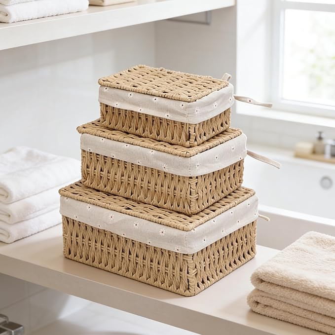 Woven Storage Baskets with Lids, Set of 3, Gray Paper Rope Wicker Bins with Lids & Removable Liners, Stackable Shelf Organizer Boxes for Bathroom Closet Nursery