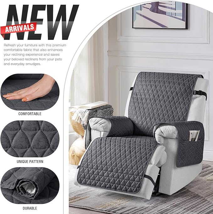 TAOCOCO 100% Waterproof Recliner Cover - Recliner Cover with Non-Slip Granule, Recliner Chair Covers with Elastic Band, Recliner Chair Covers for Reclining Chair(Dark Grey,Large-28'')