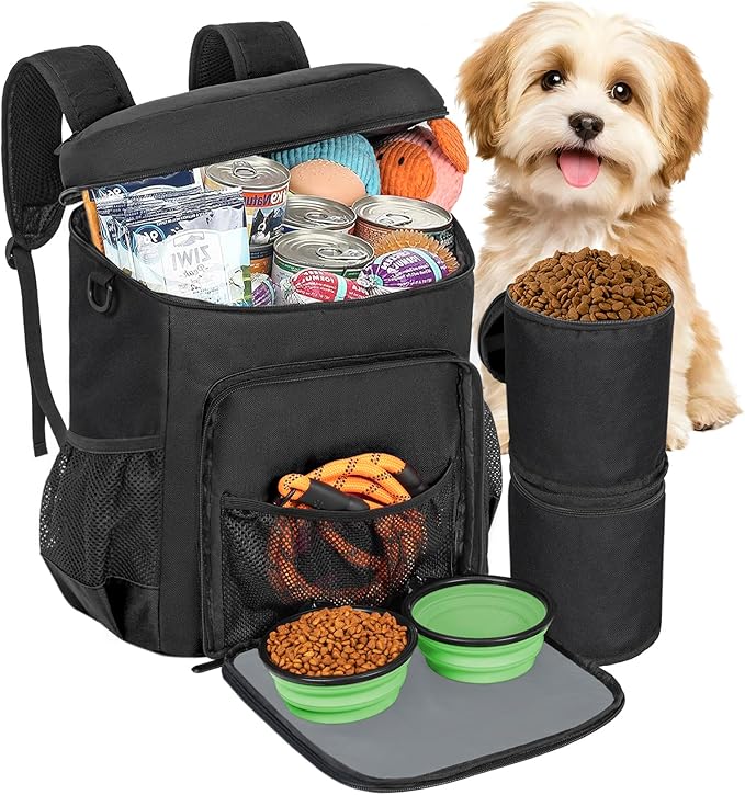 ANILD Dog Travel Backpack - Airline Approved Double-layer Pet Travel Bag Accessories with 2 Food Storage Bag and 2 Foldable Silicone Bowls for Hiking & Camping