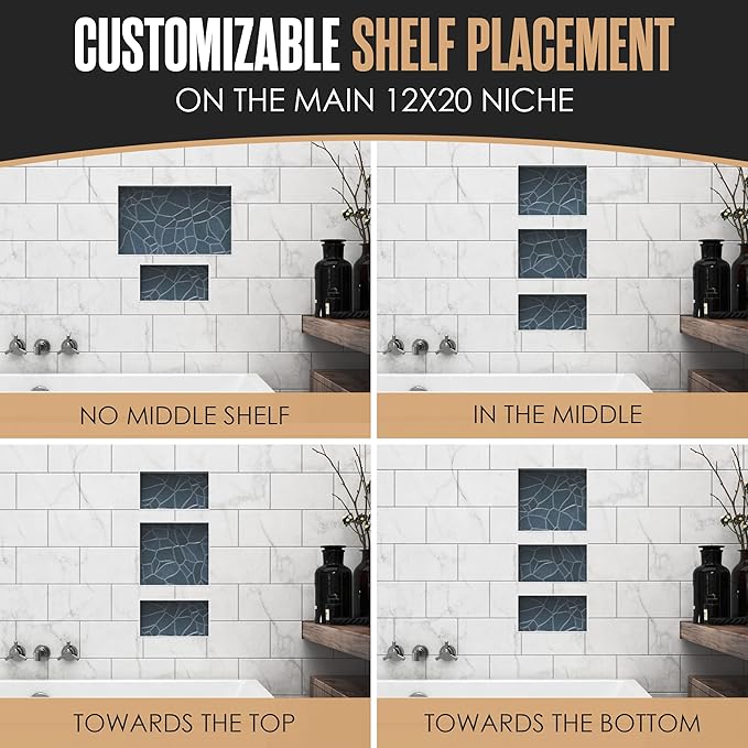 Houseables Shower Niche, Shower Niche Insert Tile Ready, Recessed Bathroom Storage, 12x20 + 12x6, in Wall Shelf, Cubby Inserts, Recessed Shampoo Caddy, Inset Shelves, Built in Nook, Soap Box, Prefab