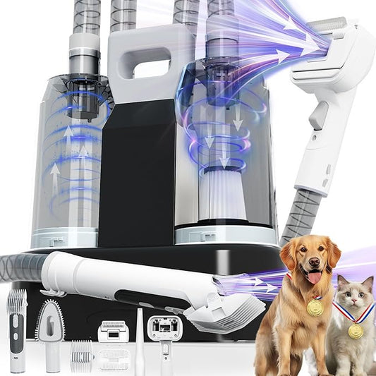 FOTING Dog Grooming Vacuum & Dryer Kit, 2.1L Double Dust Cup 10000pa Dogs Vacuums for Shedding Grooming, 6 in 1 Grooming Tools Cleaning, Low Noise Pet Grooming Vacuum for Dogs, Black