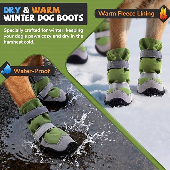 Winter Dog Snow Boots with Fleece Lining, Dog Shoes for Medium Large Size Dogs, Waterproof Dog Booties and Paw Protectors, Anti-Slip & Reflective Dog Shoes for Snow Outdoor, Hiking (Green-Size 1)