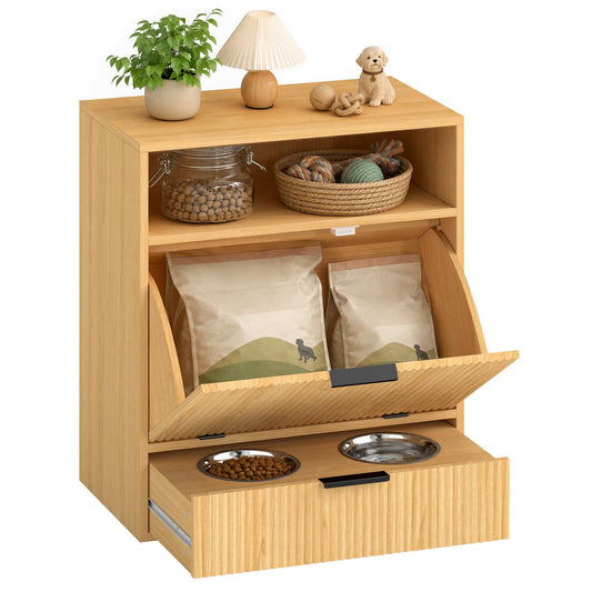 PawHut Dog Feeding Station with Storage & 2 Elevated Bowls, Oak - Image 1