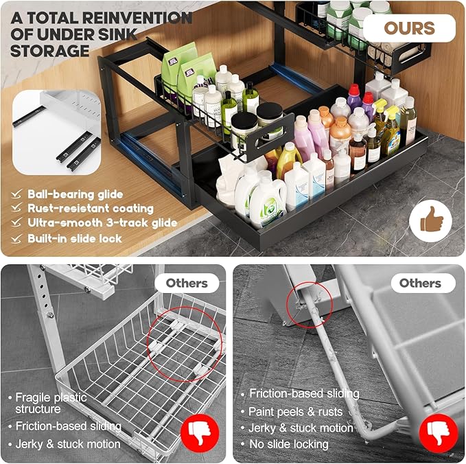 1 Pack Expandable Under Sink Organizers And Storage With Upgrade Ball-Bearing Slide Tracks,2-Tier Pull Out Under Cabinet Organizer Height Adjustable,Slide Out Under Sink Drawers-Black(Patent Pending) | Expandable, Under Sink, Pull Out, Height Adjustable