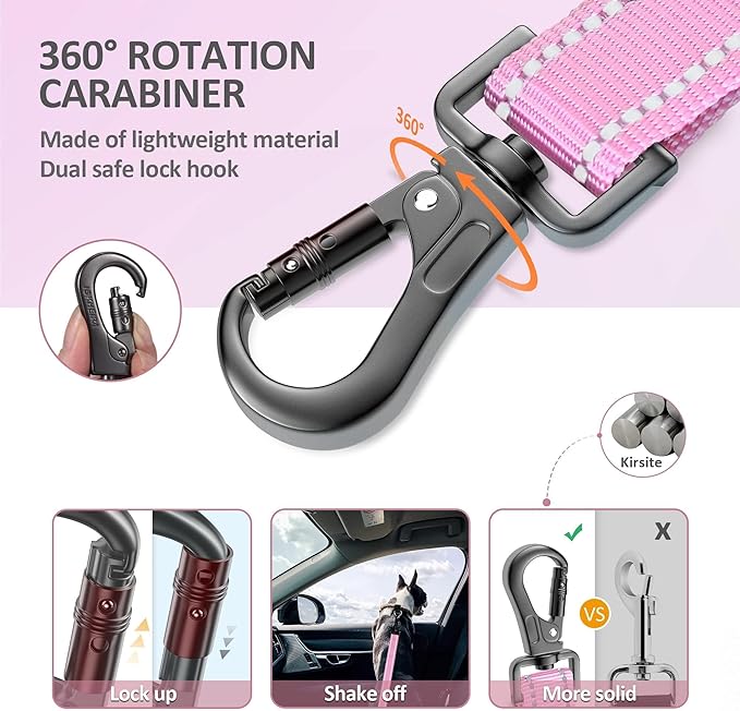 IOKHEIRA Dog Seat Belt 3-in-1 Car Harness for Pets Adjustable Safety Seatbelt Nylon Reflective Bungee Fabric Dog Car Harness with Clip Hook Latch & Buckle, Swivel Zinc Alloy Carabiner (Pink)