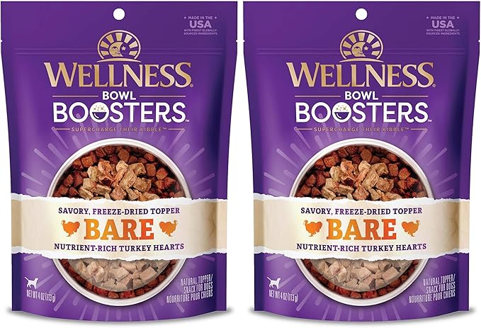 Wellness Bowl Boosters Bare,Dog Food Topper for Small,Medium,& Large Breeds,Grain Free,Natural,Freeze Dried,Turkey,4 Ounce Bag,(Pack of 2)