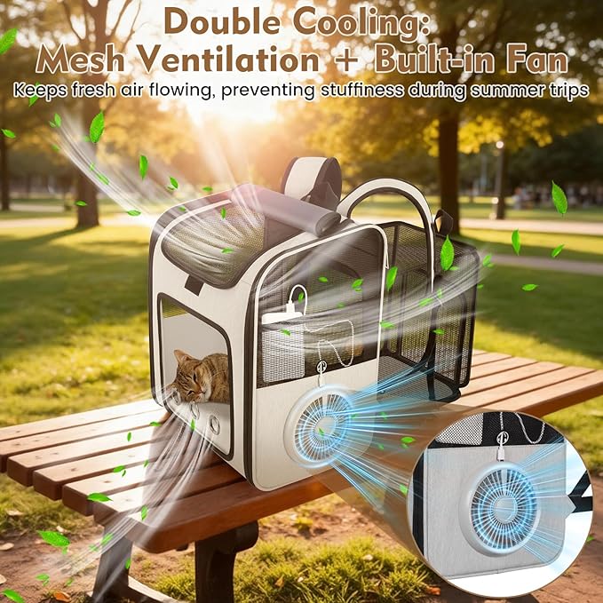 Cat Backpack Carrier with Fan & Heating Pad, Expandable Cat Carrier Backpack for Cats up to 18 lbs, Breathable Pet Travel Backpack, Ventilated Cat Dog Carrier for Hiking/Outdoor/Vet Visits