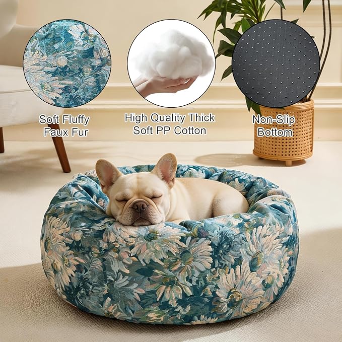Dog Calming Beds for Small Medium Large Dogs - Round Donut Washable Puppy Dog Bed, Anti-Slip Faux Fur Fluffy Donut Cuddle Anxiety Cat Pet Bed (32" Flower)