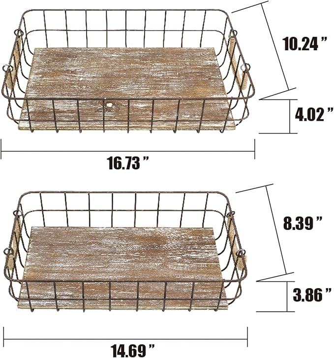 Stonebriar Stackable 2pc Rectangle Metal Wire and Wood Basket Set with Rope Wrapped Handles, Rustic Decor for Home Storage, Decorative Serving Baskets for Weddings, Birthdays, and Holiday Parties