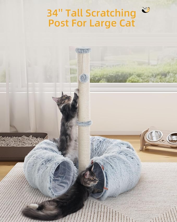 3-in-1 Cat Tunnel Bed, 34'' Tall Cat Scratching Post for Indoor Cats, Fluffy Peekaboo Donut Hideout Toy for Pets, Rabbit, Ferret