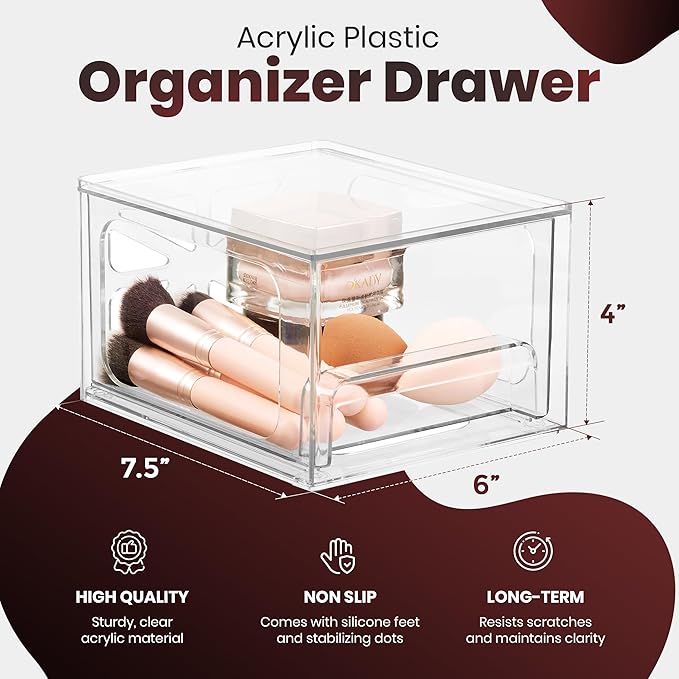 Oizeir Clear Stackable Storage Drawers - 2-Pack Acrylic Makeup Organizer Bins for Vanity, Bathroom, Countertop, Cabinet, or Kitchen - Perfect for Cosmetics, Office, and Small Item Organization