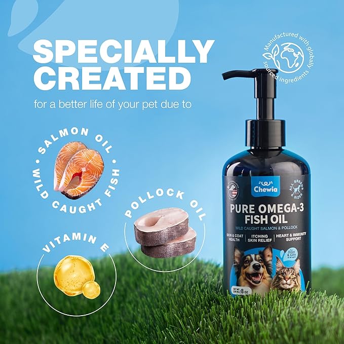 Omega 3 Fish Oil for Dogs and Cats - Healthy Skin and Coat Support Supplement - Omega 3 6 9 EPA DHA Fatty Acids - Itchy Skin, Shedding, Immunity, Joint - Wild Caught Salmon and Pollock Food Topper