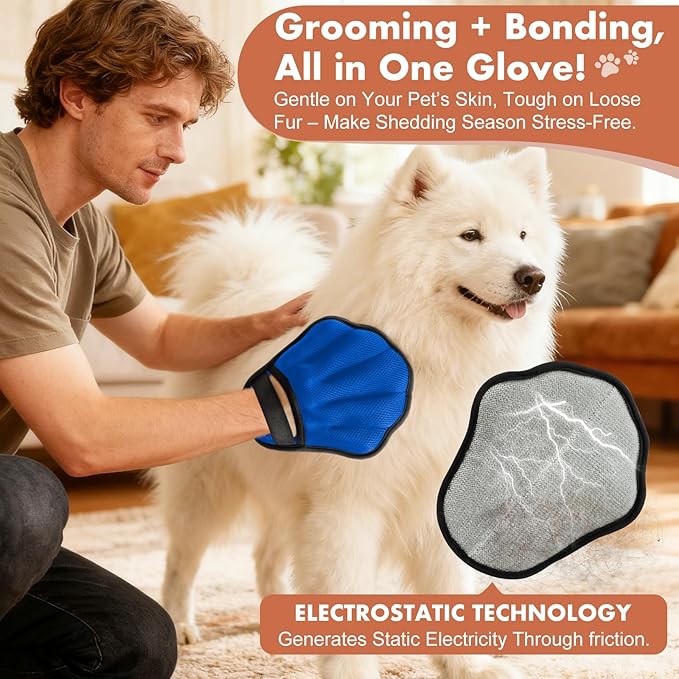Pet Hair Removal Glove, Electrostatic Pet Hair Remover Glove for Cats & Dogs, Hair Remover Tools for Couch, Carpet, Clothing, Car Seat - Upgraded Five-Finger, Reusable, Blue+Grey