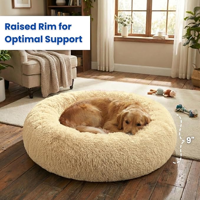 Calming Pet Bed with Water-Resistant Inner Liner – Anti-Anxiety Donut Dog & Cat Bed with Removable Washable Cover – Supportive Plush Nest, Non-Slip & Cushion Protection – Medium, Beige