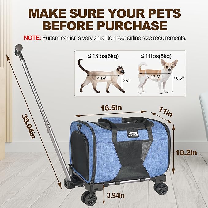 Cat Carrier with Wheels TSA Approved up to 13lbs, Rolling Airline Pet Carriers Under Seat 16.5 * 11 * 10.2in, Soft-Sided Bag for Small Cats and Dogs with Locking Safety Zippers and Pet Bowl, Blue