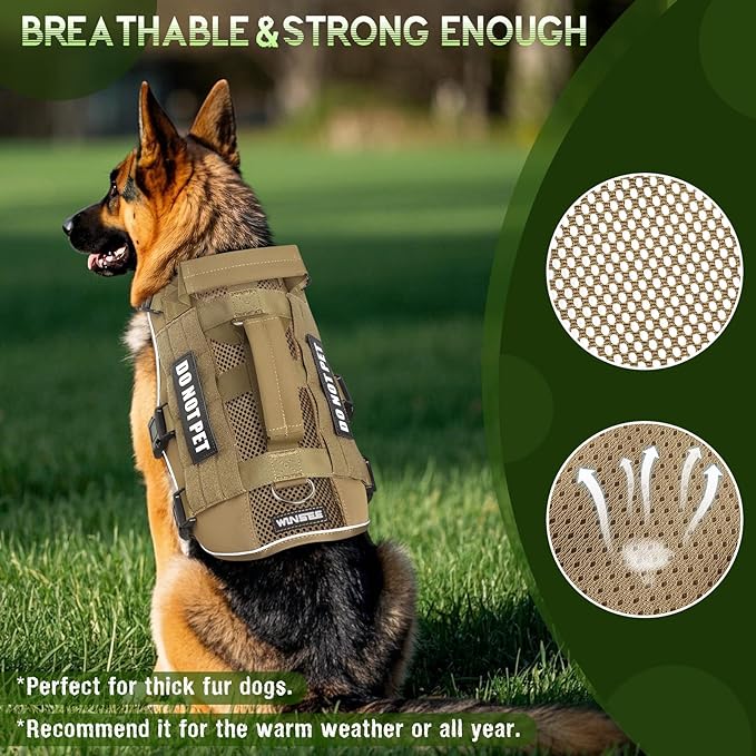 WINSEE Mesh Dog Harness with 10 Pet Patches for Large Service Dog in Training, Breathable Tactical Molle Vest with Double Handles, Reflective Military Pet Vest for Walking Hiking