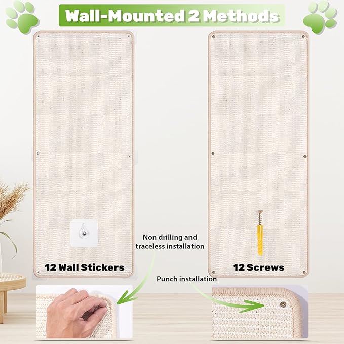 Natural Sisal Cat Scratcher Mat, Wall Scratcher Carpet, Cat Climbing Wall, Large Tall Scratching Post, Sofa Protector, Scratching Mat Pad for Indoor Cats (White, 39.3" Lx15.7 W, 2PCS)