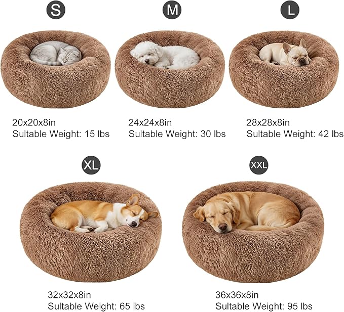 Dog Calming Beds for Medium Large Dogs - Round Donut Washable Dog Bed, Anti-Slip Faux Fur Fluffy Donut Cuddler Anxiety Cat Bed(36" Khaki)