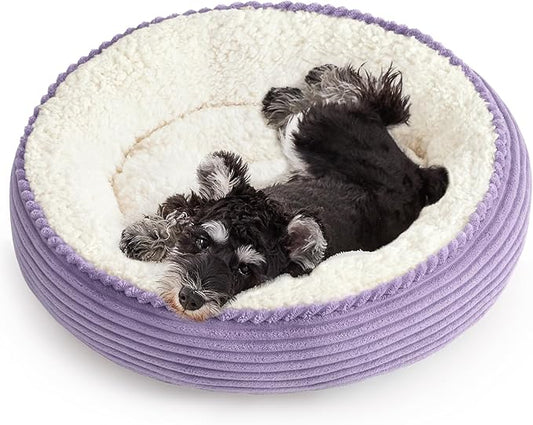 Love's cabin Round Donut Cat and Dog Cushion Bed, 25in Pet Bed for Small or Medium Dogs, Anti-Slip & Water-Resistant Bottom, Soft Durable Fabric Pet Beds, Washable Calming Cat Bed Lavender Stripe
