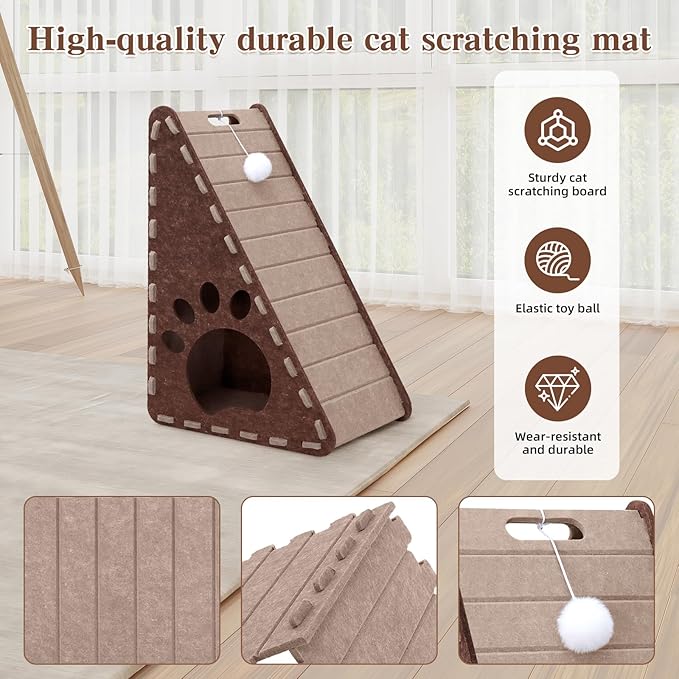 Cat Scratcher, Triangle Felt Cat Scratcher(Cat House), Vertical Integrated 3 in 1 Ramp Vertical Felt Cat Board(Brown Gray)