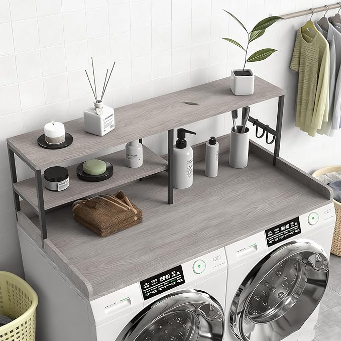 Washer and Dryer Countertop with Shelf, 2-Tier 54" x 27.5" Wood Laundry Countertop, Washer Dryer Topper with High Edge Rails and Hooks, Non-Slip Pads, Waterproof & Heat Resistant Top (Gray)