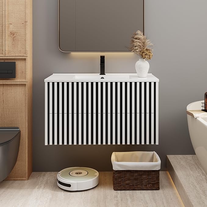 eclife 36" Floating Bathroom Vanity with Sink Combo, Modern Wall Mounted Cabinet with 2 Fluted Drawers, Undermount Sink, Faucet, Drain, Mixed White