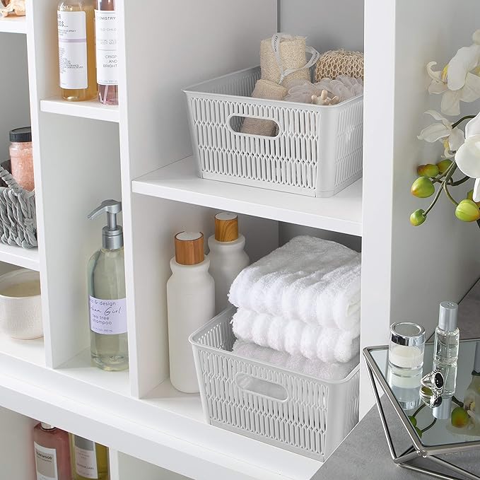 Simplify 2Pk Large Slide 2 Stack It Tote Basket | Storage & Organization | Open Bins with Stackable Capability | Bathroom | Crafts | Pantry | Playroom | Office | Grey