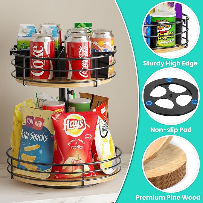 2-Tier Rotating Snack Organizer - Height Adjustable Lazy Susan Turntable for Kitchen Countertop, Black