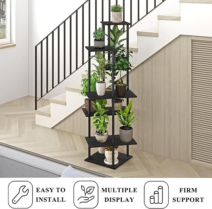 Plant Stand Indoor 7-Tier Metal Wood Plant Shelf for Multiple Flower Pots Corner Tall Flower Holders for Living Room Balcony Bedroom, Black