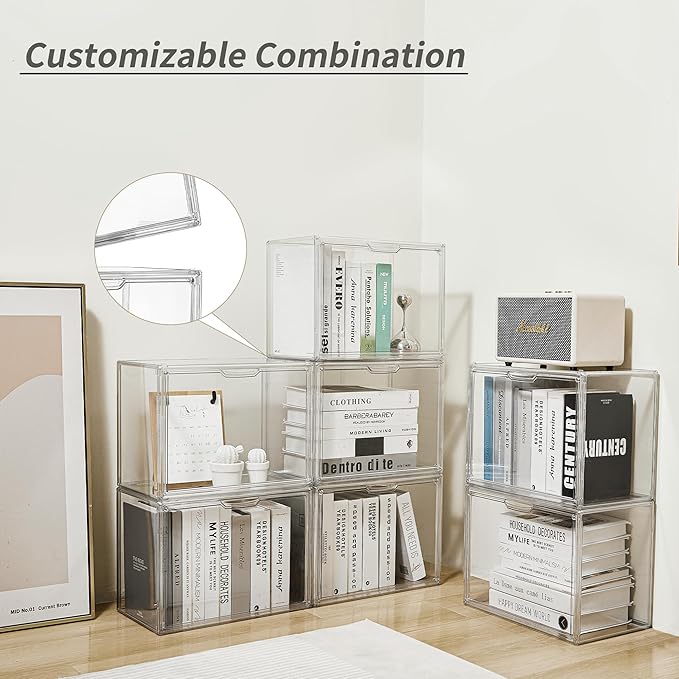 Cube Storage Organizer Acrylic Book Case Display Case Box Stackable Book Storage Containers With Magnetic Door Clear Plastic Portable Organizer For Living Room Bedroom 5 Pcs