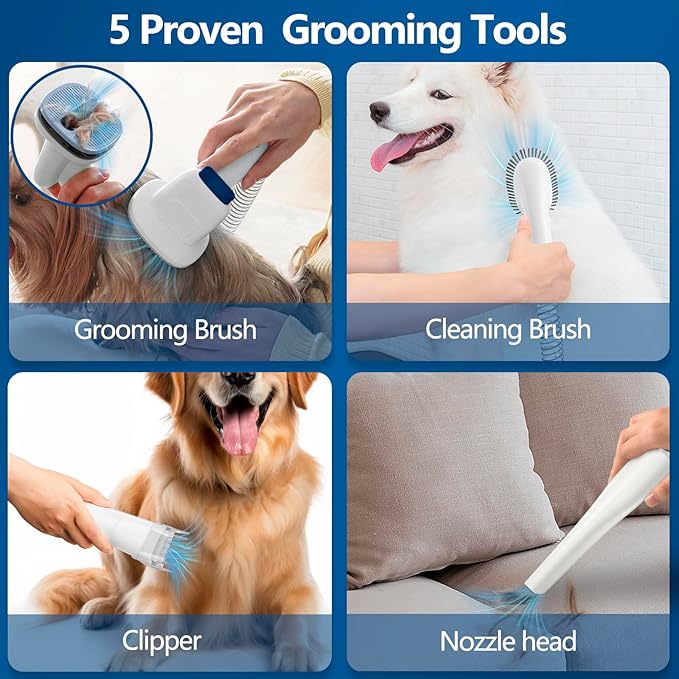 Pet Dog Grooming Vacuum Kit with 2.3L Capacity Larger Pet Hair Dust Cup Dog Brush Vacuum for Shedding Vacuum Cleaner with 4 Proven Grooming Tools（Blue）